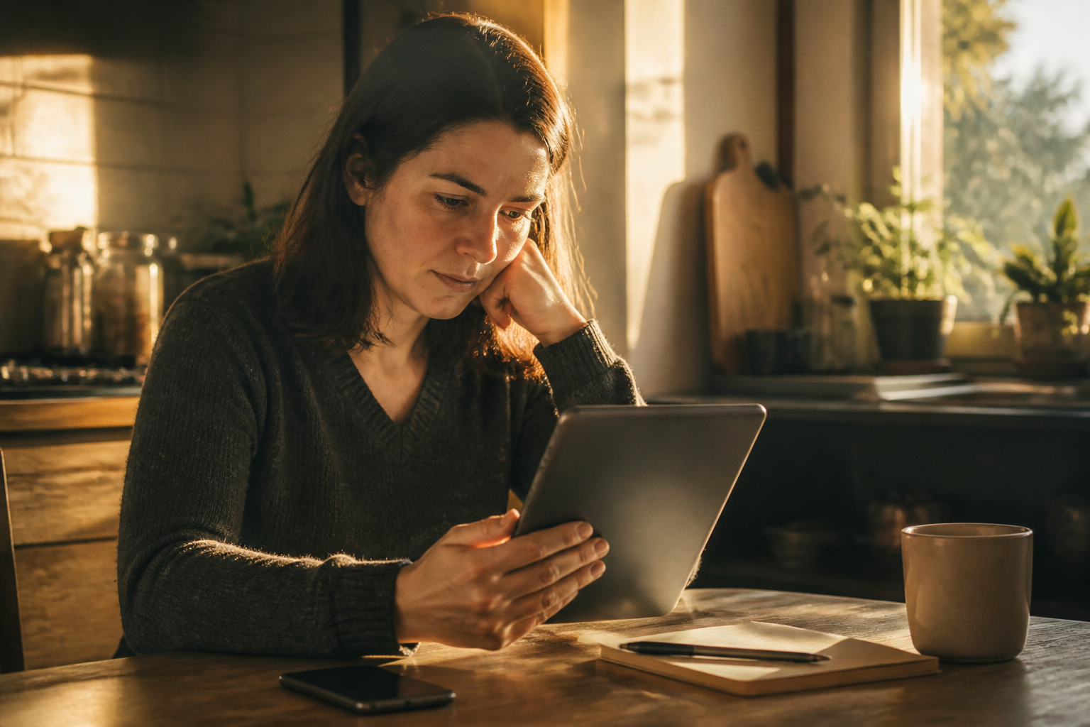 A person reviewing household finances on a tablet at a kitchen table.