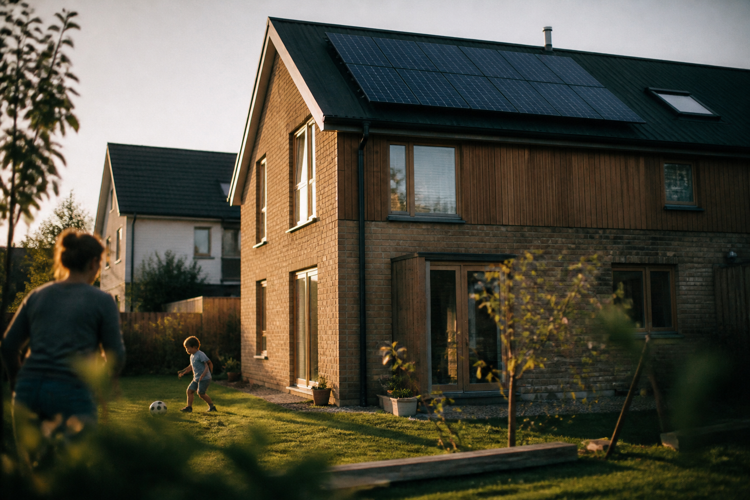 An exterior view of a modern UK house featuring rooftop solar panels.