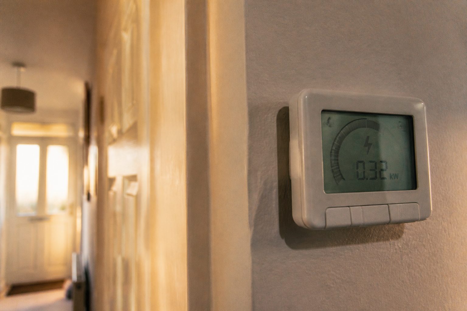 Close-up of a digital home energy monitor displaying utility usage.