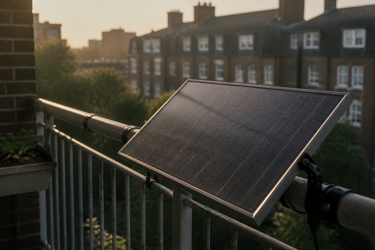 A small solar panel mounted on a balcony railing.