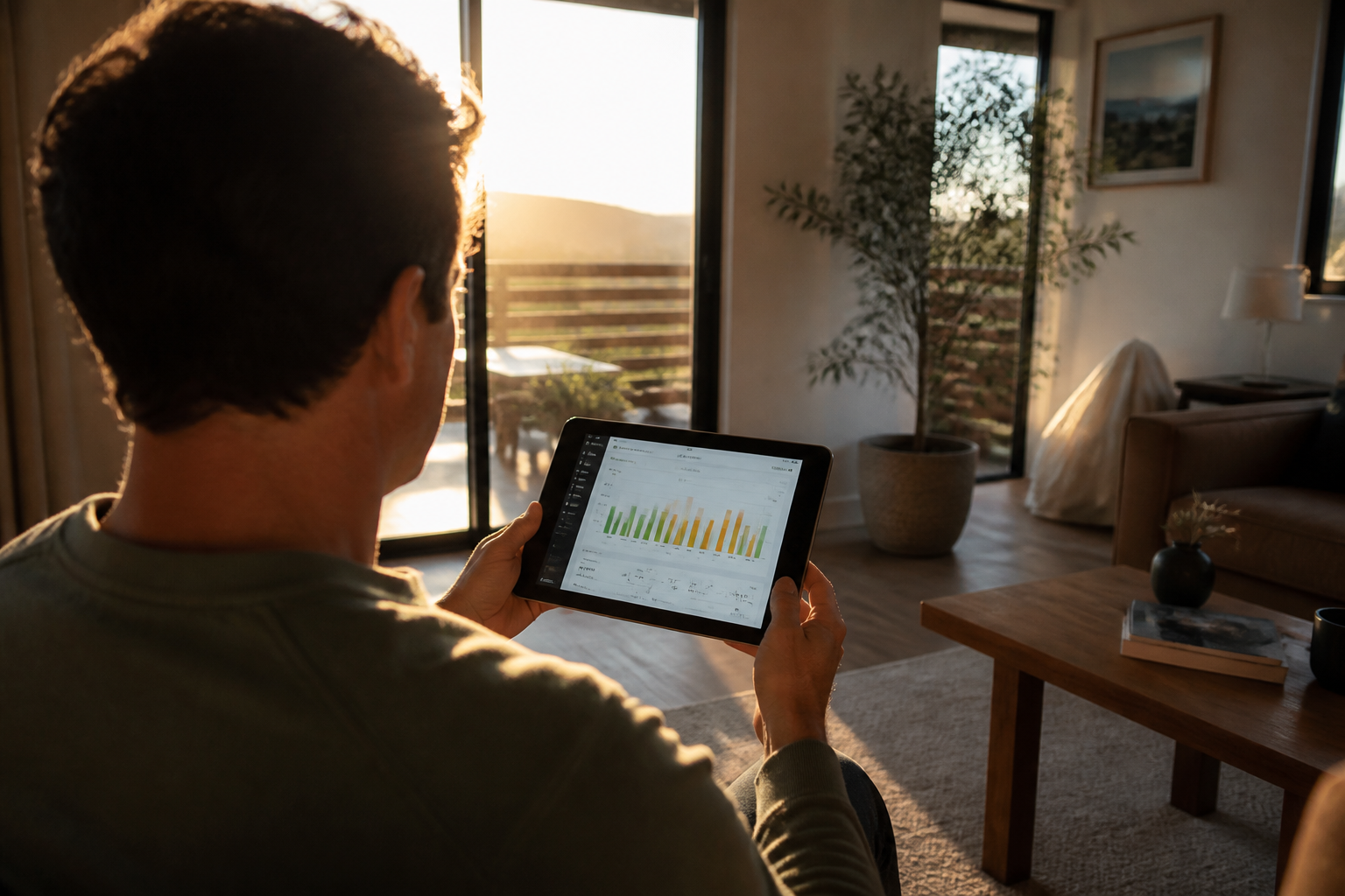 A person looking at a digital device to check energy usage.